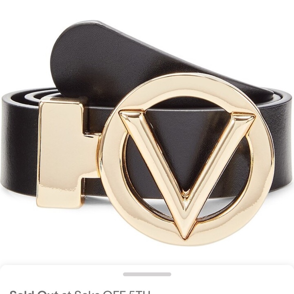 Valentino Black Leather Belt with Gold V Circle Buckle